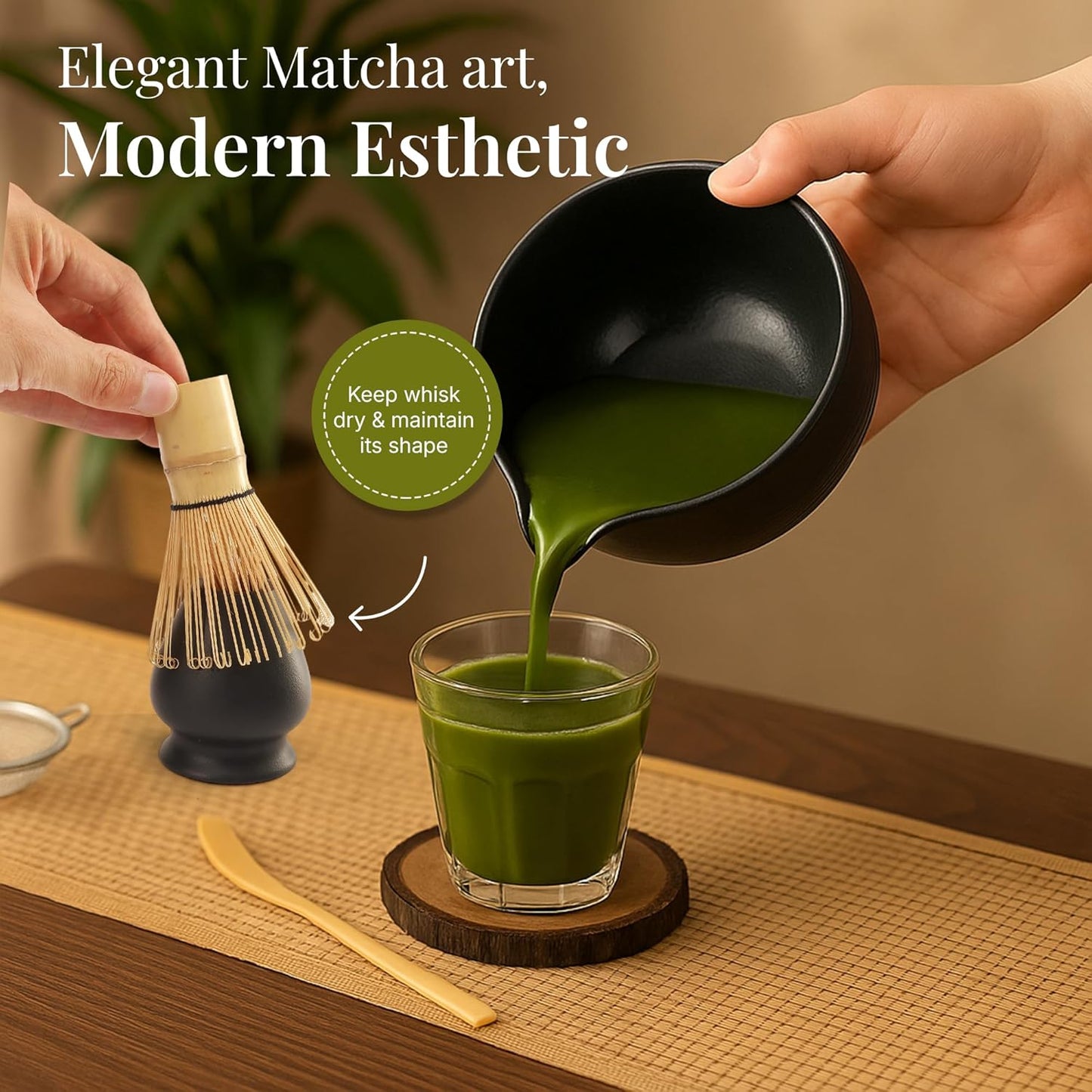 Matcha Whisk Set,includes Matcha Bowl,Matcha Whisk and Holder by Bamboo, Spout, Matcha Sifter Strainer Spoon Scoop Chasen Holder Towel- Perfect Japanese Matcha Set(8 Pcs black)