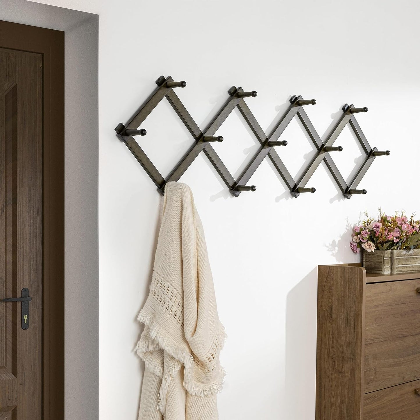 Dseap Accordion Wall Hanger:16'' High Wooden Wall Expandable Coat Rack,Hat Rack Holder,Accordion Hook for Baseball Caps,Coats,13 Peg Hooks,Dark Walnut