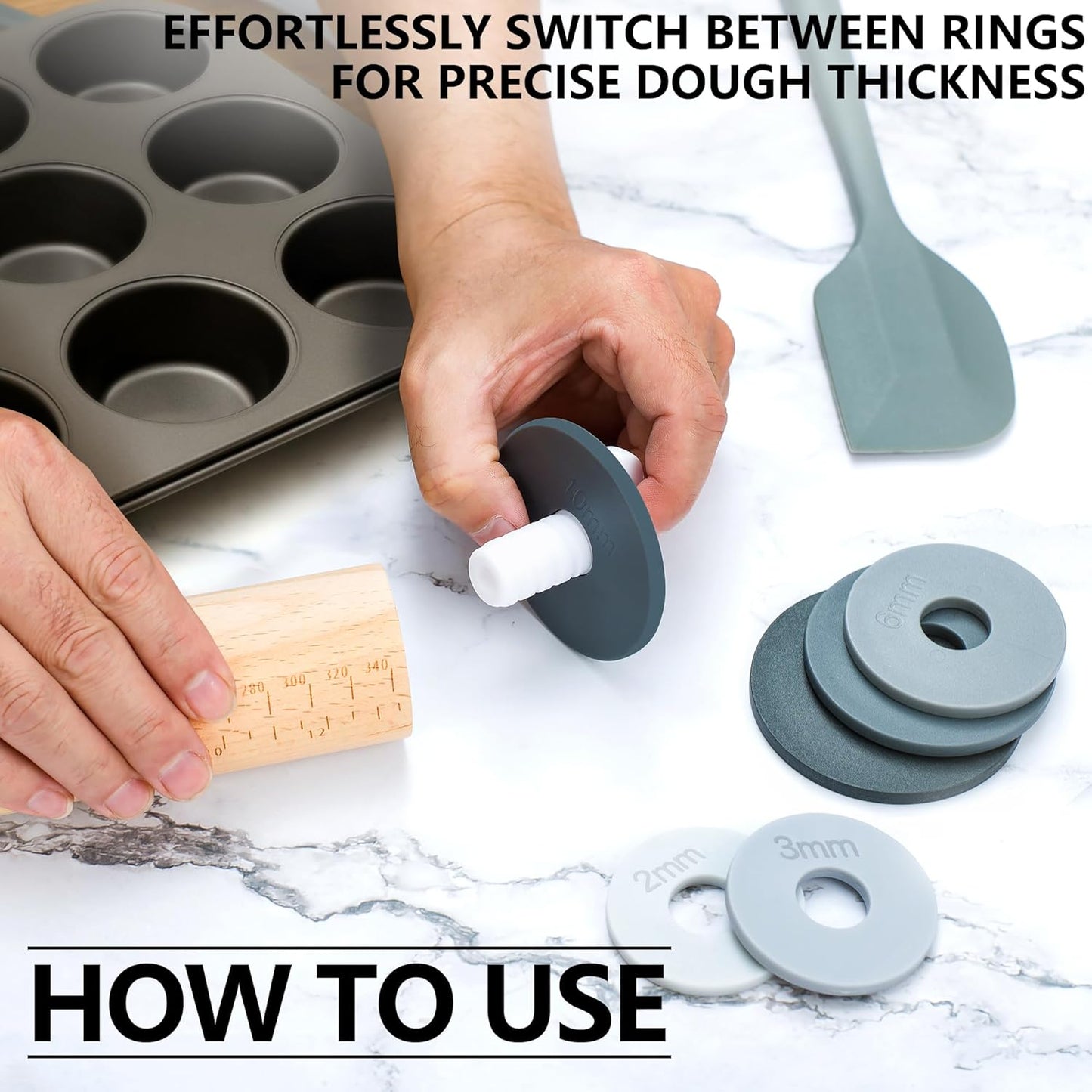 Bakeesy's 14' Wooden Rolling Pin Set with 5 Adjustable Thickness Rings - Roller Pin for Rolling Pizza, Cookie Dough, Pastry, Ravioli, Clay Slab - Full Set with Accessories - Perfect Baking experience