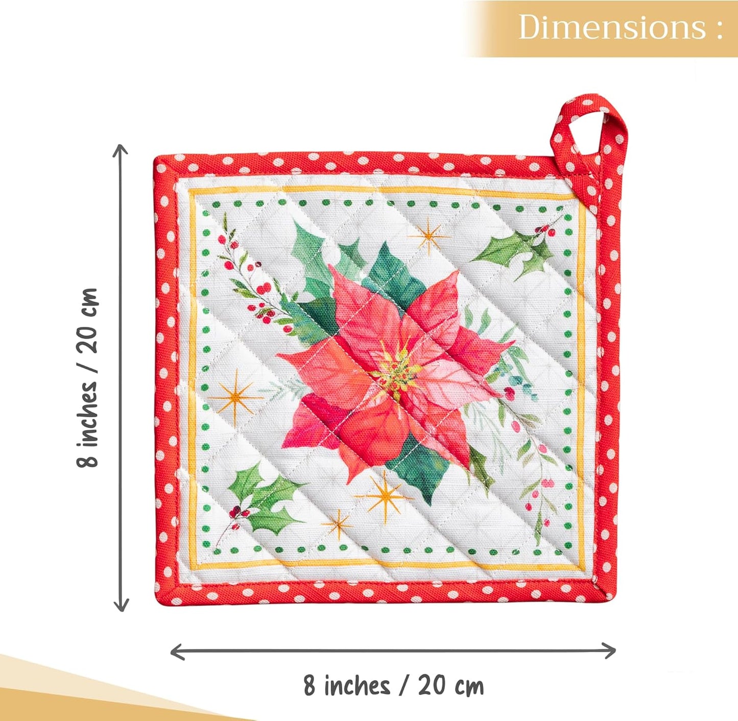 Maison d' Hermine Pot Holders Set 100% Cotton Heat Resistant Potholders 8" x 8" Hot Pads with Loop BBQ, Cooking, Baking, Grilling, Kitchen, Handling Hot Pans (Pack of 2, Poinsettia Christmas)