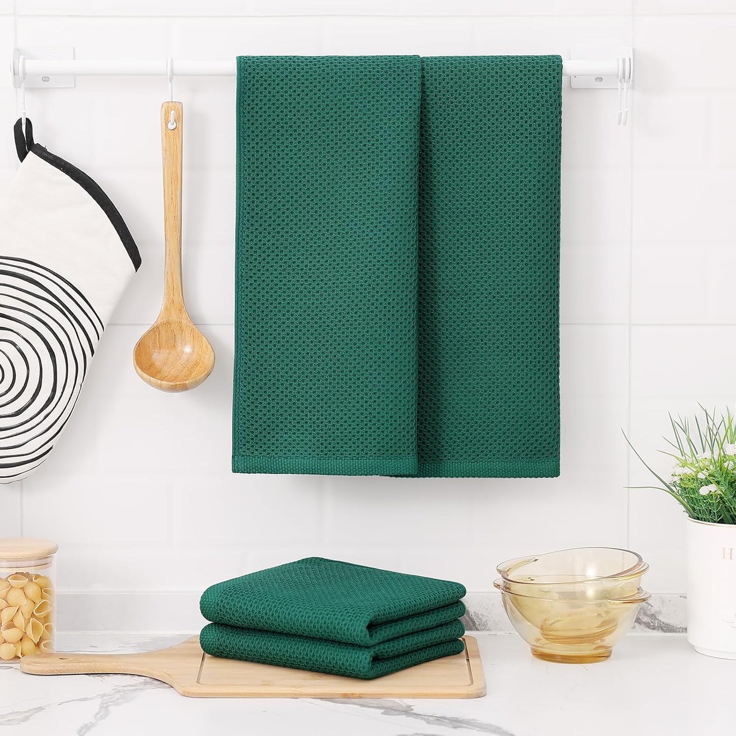 Kitinjoy 100% Cotton Waffle Weave Kitchen Towels, 8-Pack Super Soft and Absorbent Dish Towels for Drying Dishes, Kitchen Hand Towels, 13 in x 28 in, Dark Green
