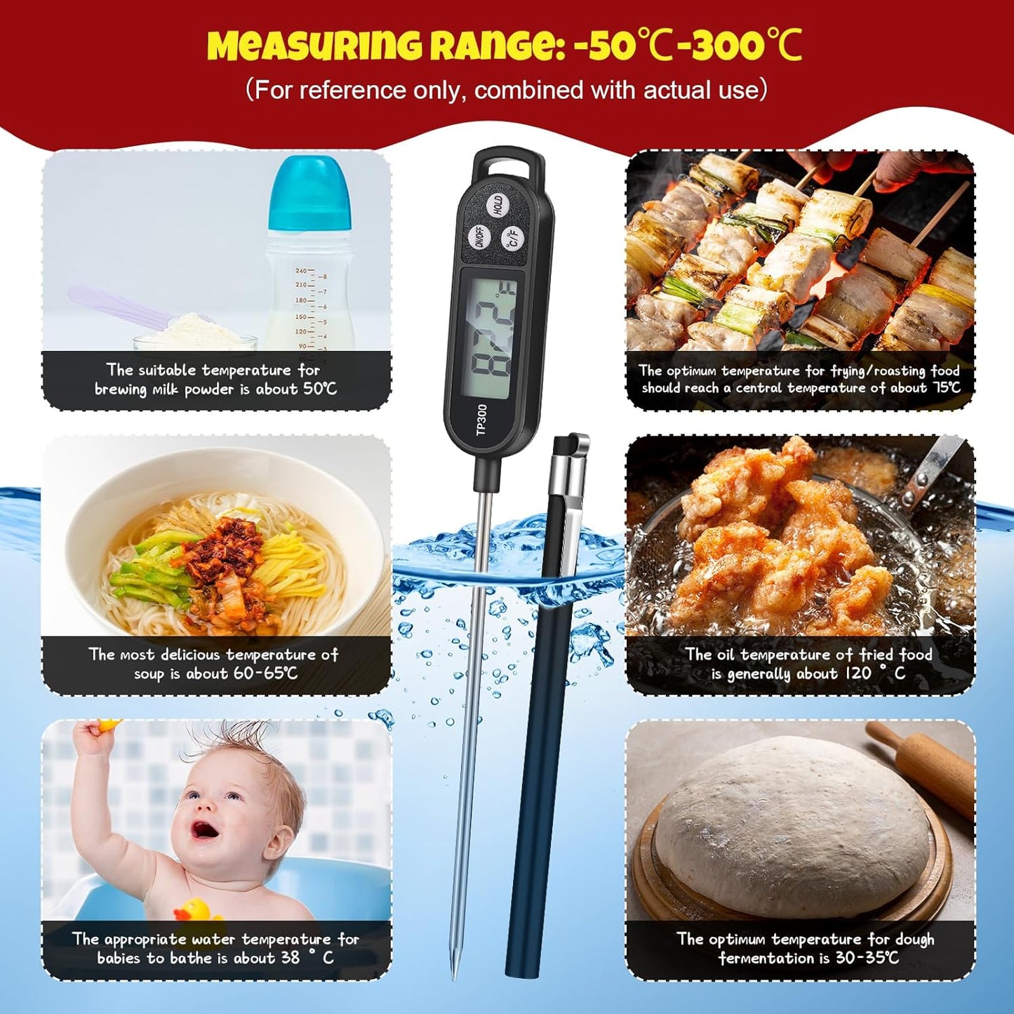 Waterproof Food Thermometer with Long Probe Digital Meat Thermometer for Water, Liquid, Candle and Cooking Instant Read for Kitchen BBQ Grill Candy(Black,White,Red)