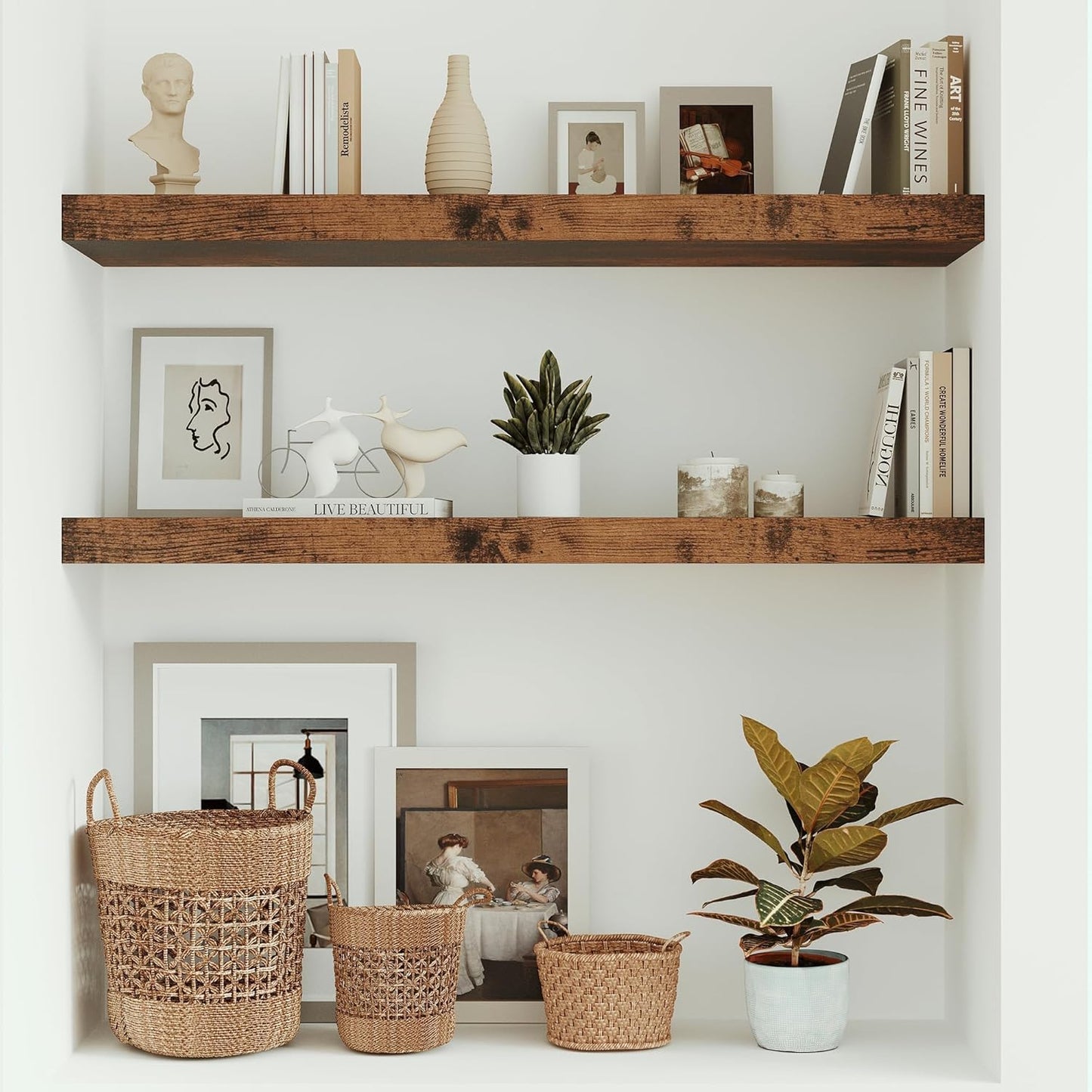 Vivelove Floating Shelves 10 inches Deep, Long 36 x 10 x 1.8 Wall Shelves for Bedroom, Living Room, Kitchen, Office, Bathroom Farmhouse Shelf Home Decor with Invisible Bracket, Rustic Brown