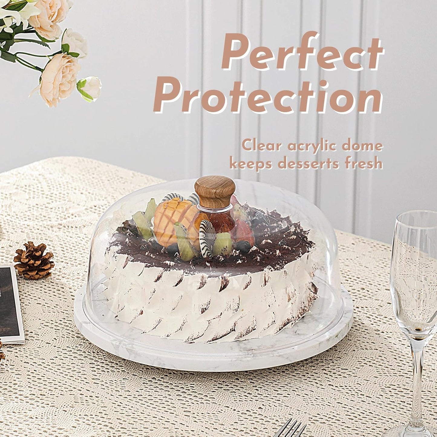 Marble Cake Stand with Acrylic Dome Lid, Cake Holder with Lid, Cake Plate Board for Party, Wedding, Cake Display Stand with Dome Cover,Charcuterie Boards for Cheese, Chips, Fruit