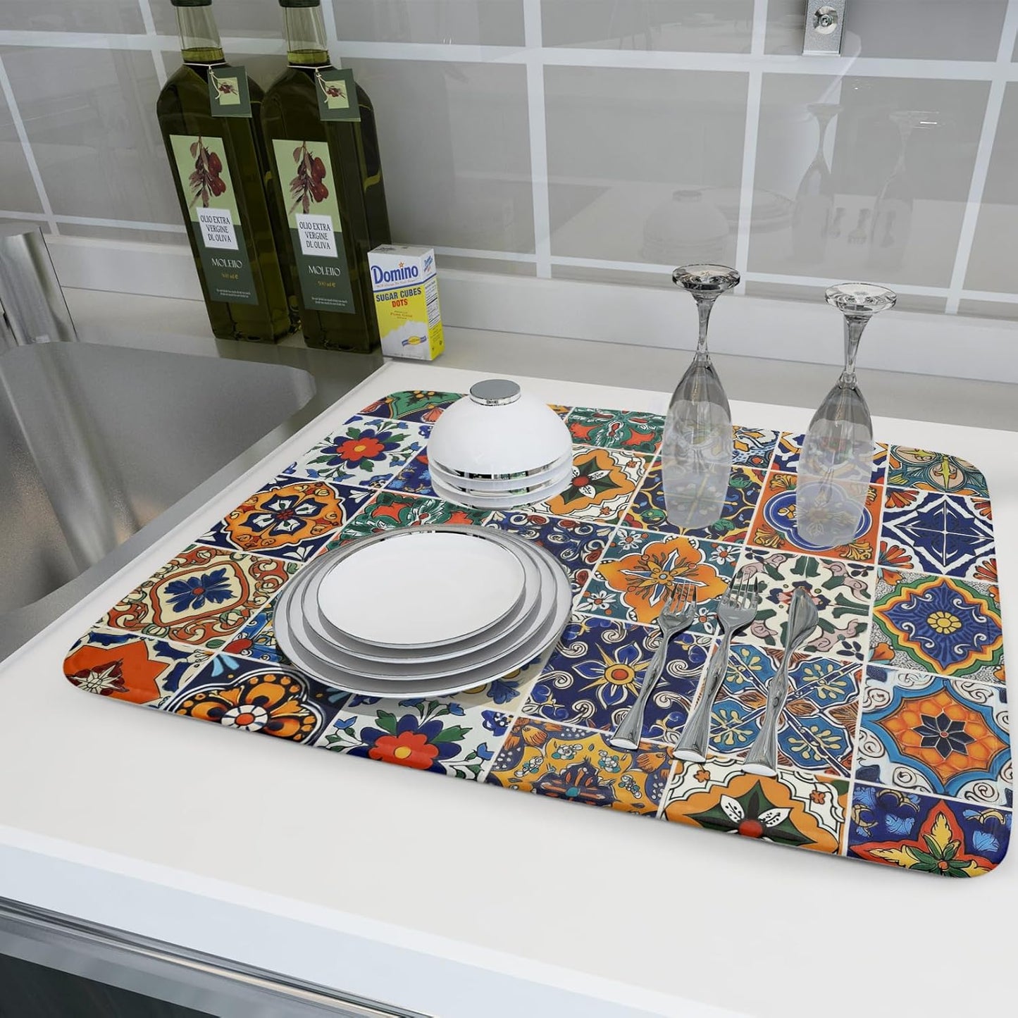 Talavera Mexican Tiles Dish Drying Mat for Kitchen Counter 16x18 Inch Mexican Flower Decorations Dish Draining Mat Mexican Tilt Fast Absorbent Tableware Dishes Pad for Coffee Bar Countertop
