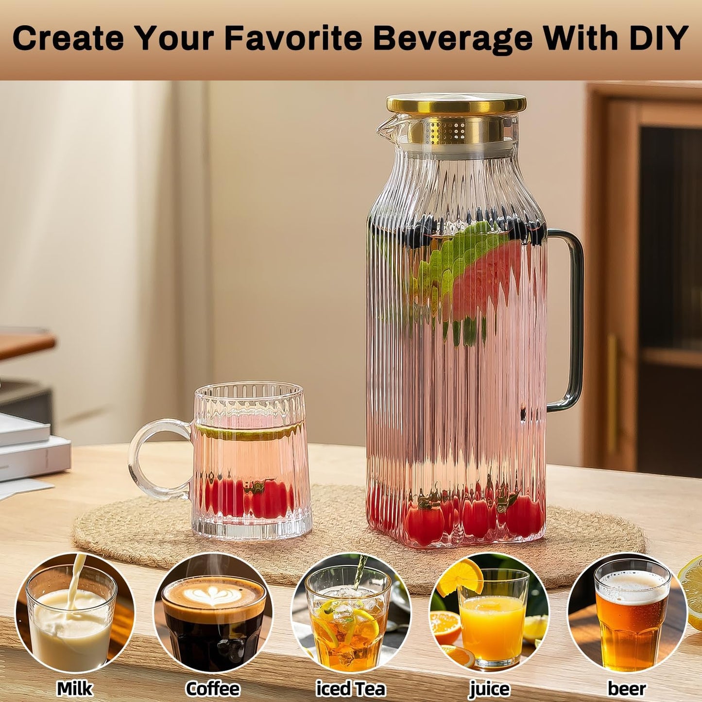 Square Glass Pitcher with Lid and Spout,68 oz/2 Liter Vertical Stripes Water Pitcher for Fridge, Borosilicate Glass Water Carafe for Cold Brew, Coffee, Lemonade, Sun Tea,Heat Resistant