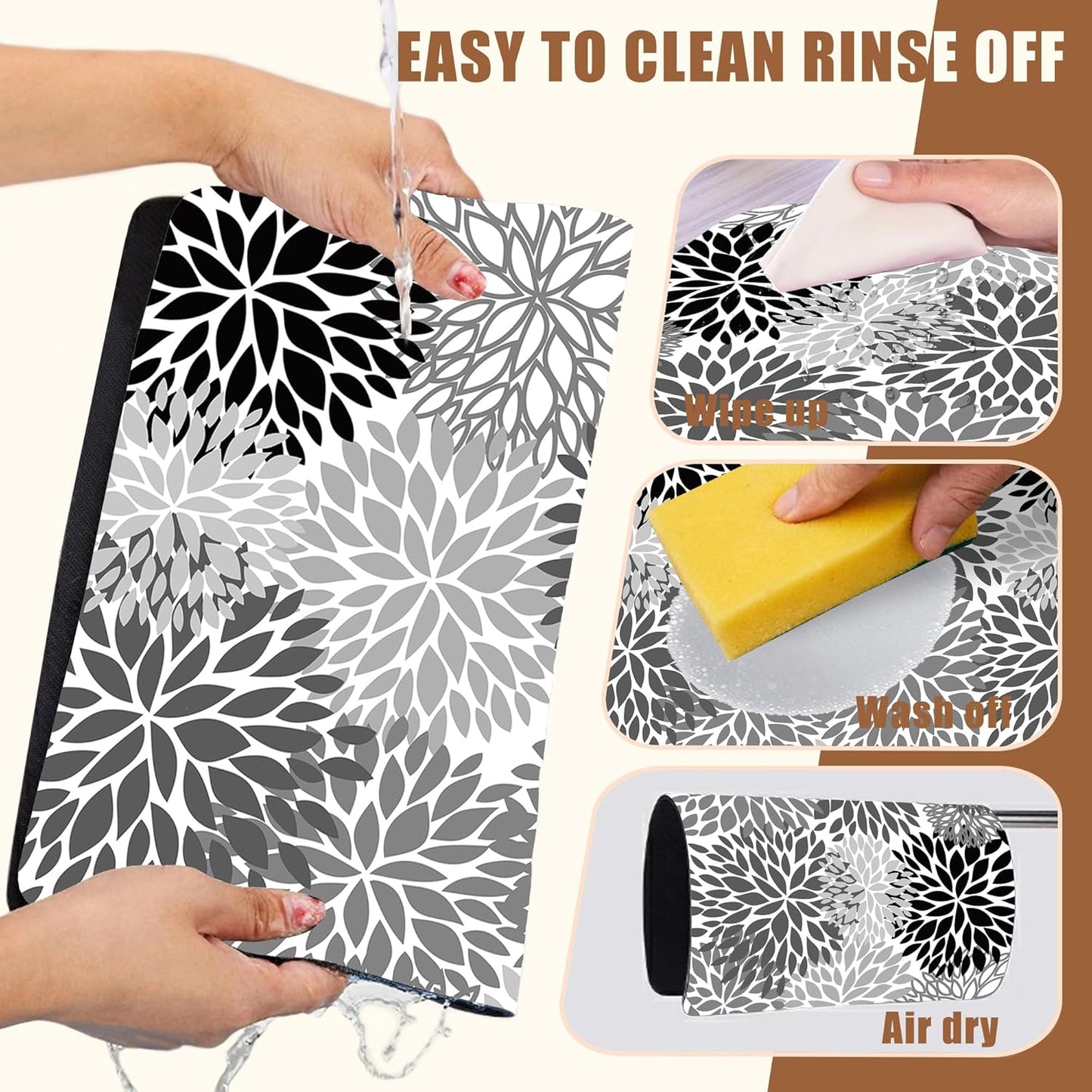 Dish Drying Mat Black and White Chrysanthemum Flower Coffee Bar Absorbent Rubber Backed Hide Stain Dish Drainer Rack Coffee Maker Pot Dining Room Decoration 15.7 x 23.6 Inch