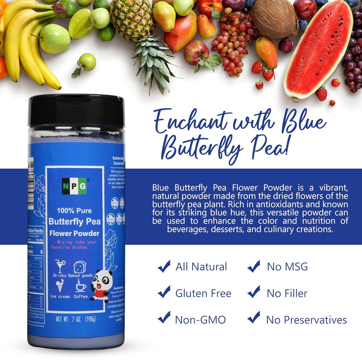 NPG 100% Pure Blue Butterfly Pea Flower Powder 7 oz(198 g), All Natural Non GMO Blue Food Coloring Powder Rich in Antioxidants,Caffeine Free Gluten Free Vegan