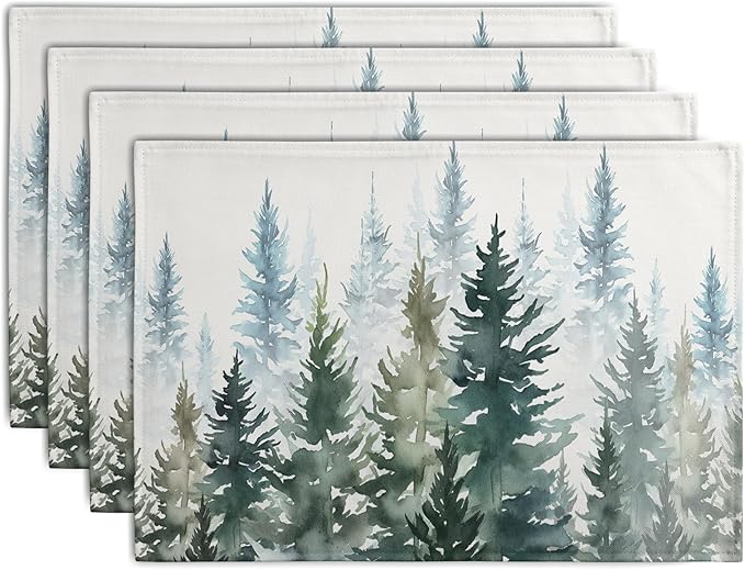 Watercolor Dark Green Tree Table Mats Set of 4 Rustic Nature Forest Pine Tree Placemats Seasonal Winter Holiday Place Mat Farmhouse Washable Linen Placemat for Dining Table Kitchen Christmas Decor