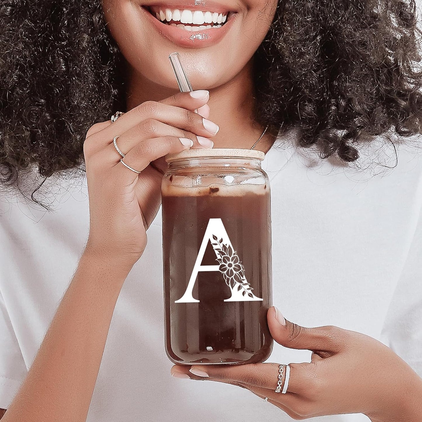 Personalized Gifts for Women, Monogrammed Glass Cups with Lids and Straws, Custom Tumbler, Cute Customized Mug, Aesthetic Stuff, Initial Iced Coffee Cup, Drinking Glasses, Birthday Teacher Gifts, A