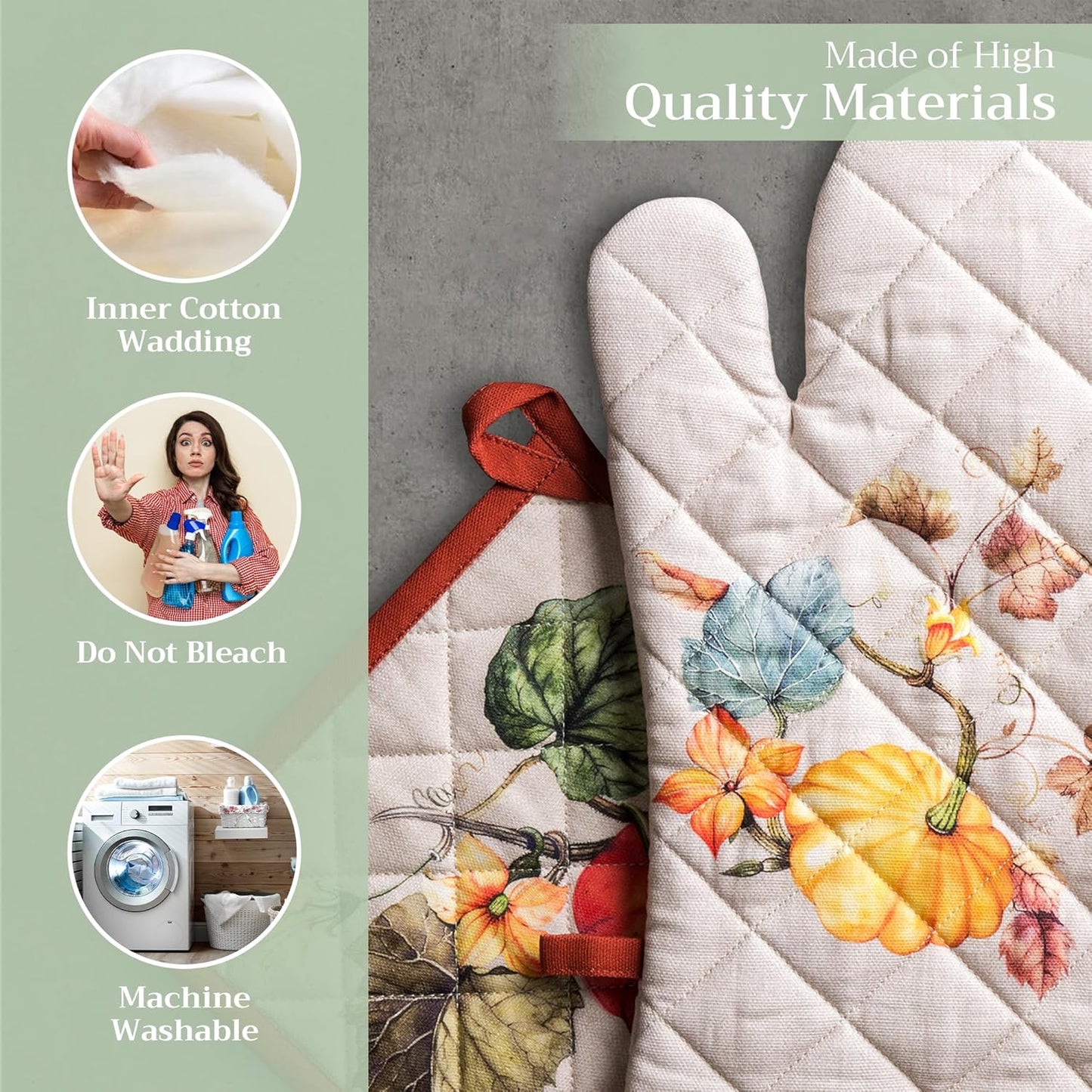 Maison d' Hermine 100% Cotton Oven Mitt & Pot Holder Set (7.5"x13" & 8"x8") Heat Resistant BBQ Cooking Gloves with Loop, Baking, Grilling, Kitchen, Handling Hot Pans (Potiron)