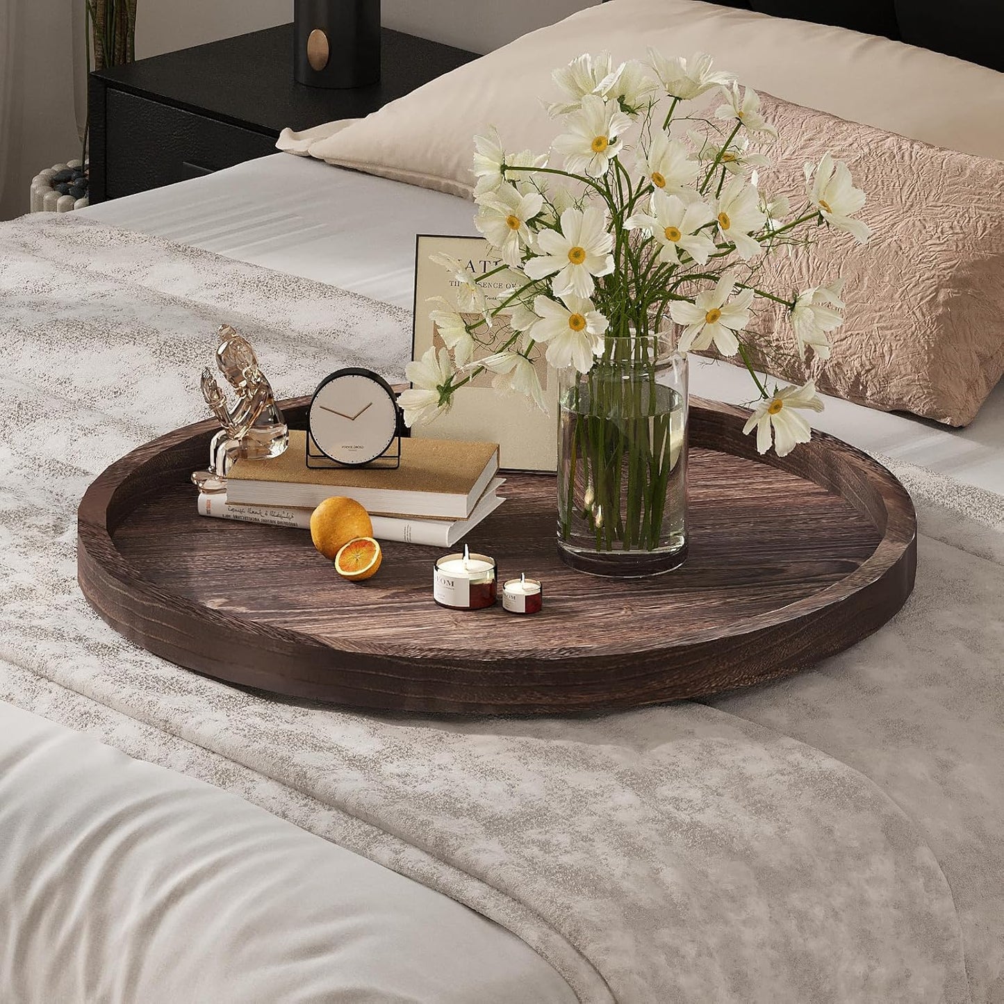 Round Ottoman Tray for Coffee Table Living Room Wood Serving Tray Large Wooden 20 Inches Rustic Brown