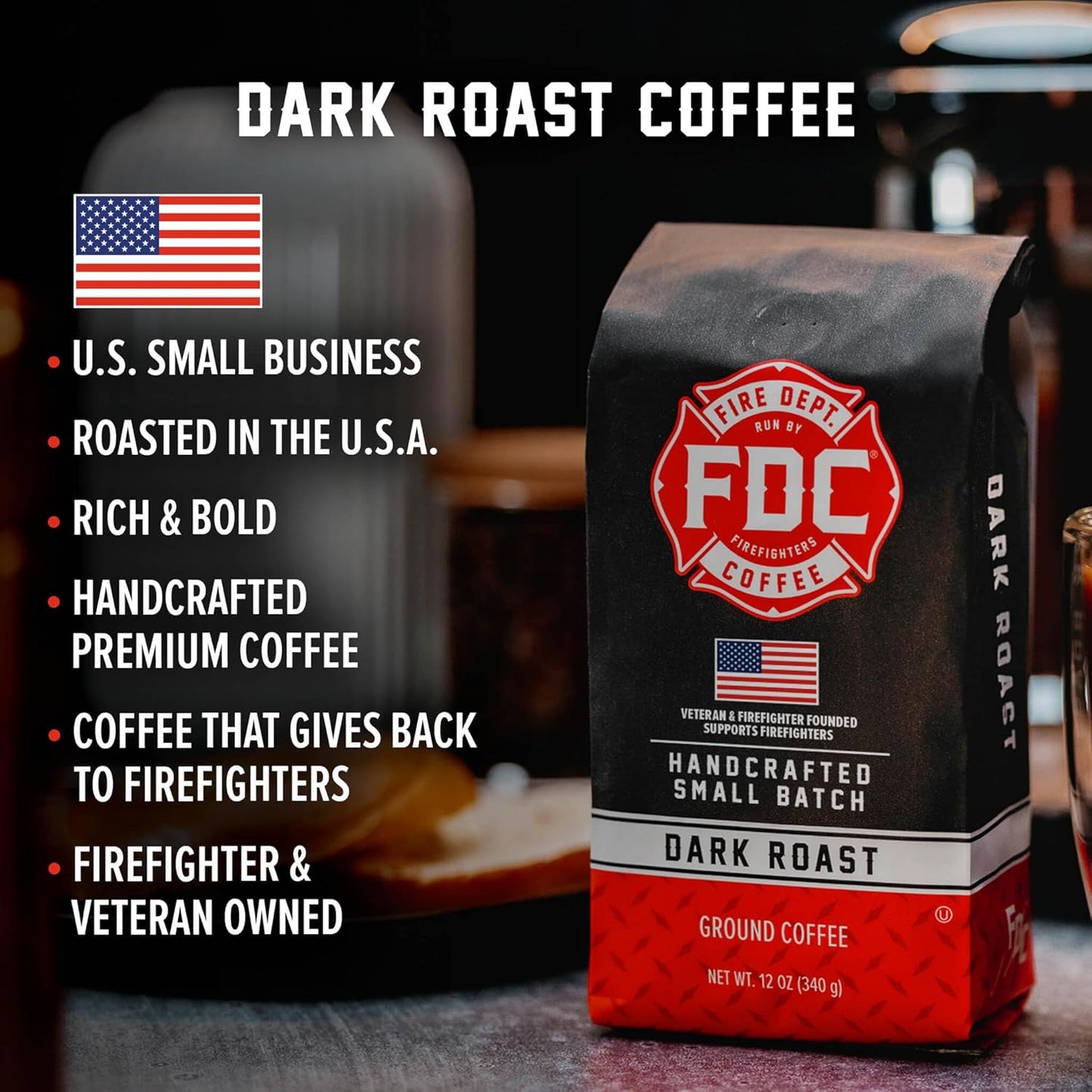 Fire Department Coffee - Gives Back to Firefighters - Dark Roast Ground Coffee - Bold & Smooth - Roasted in the USA - Veteran Owned (12 oz, Pack of 2)