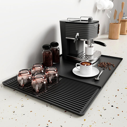 Silicone Coffee Mat, 24 x 16 Inch Non-Slip Heat Resistant, Large and Small Combination Bar Mat, Convex Edge Spill Resistant Design for Coffee Machines and Kitchen Countertops,Straight Stripe Black