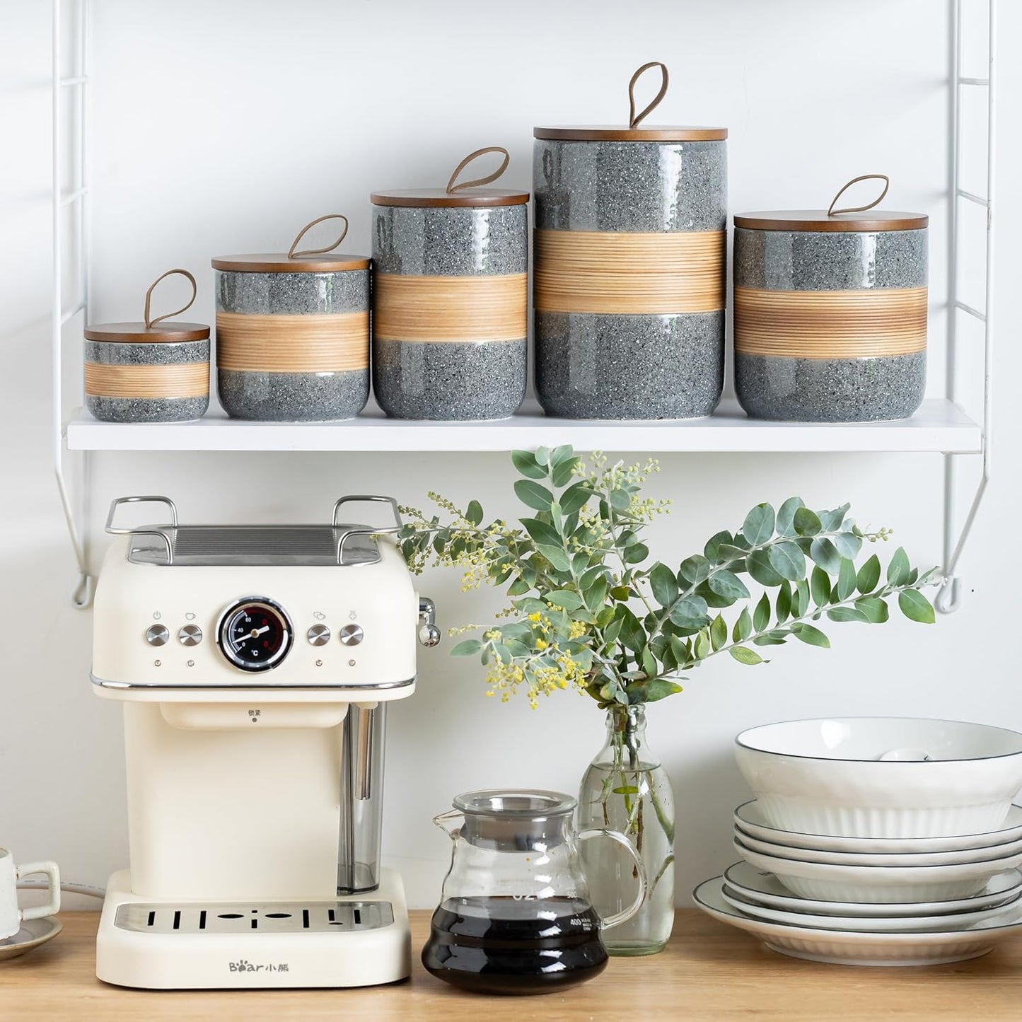 Spice Jars with Airtight Lid, Coffee Container Canister Kitchen Food Storage Jars for Spice Sugar Tea Bag, Stackable Decorative Jars for Countertop, Grey & 37 fl.oz