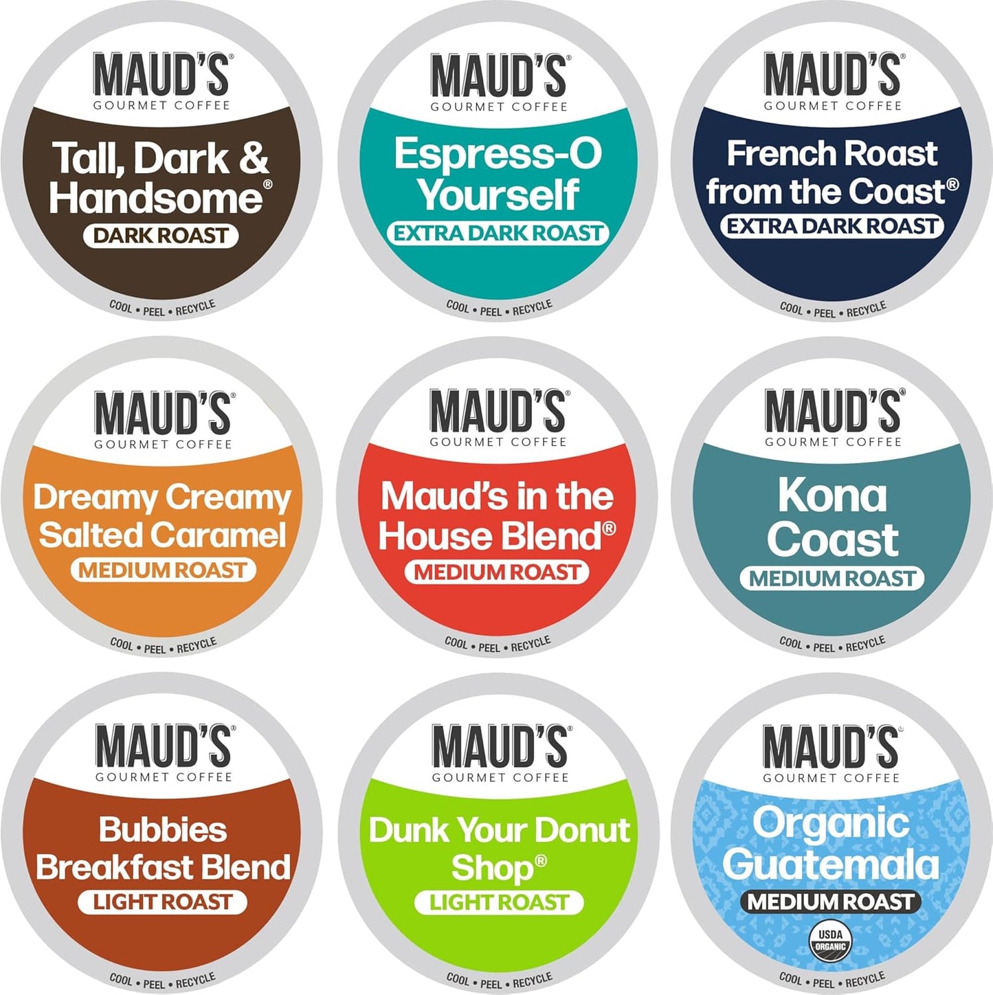 Maud's Original Coffee Pods Variety Pack, 80 ct, 9 Assorted Roasts, Dark & Medium Roast Coffee in Recyclable Single Serve Pods – 100% Arabica Coffee, Compatible with Keurig K Cups Maker