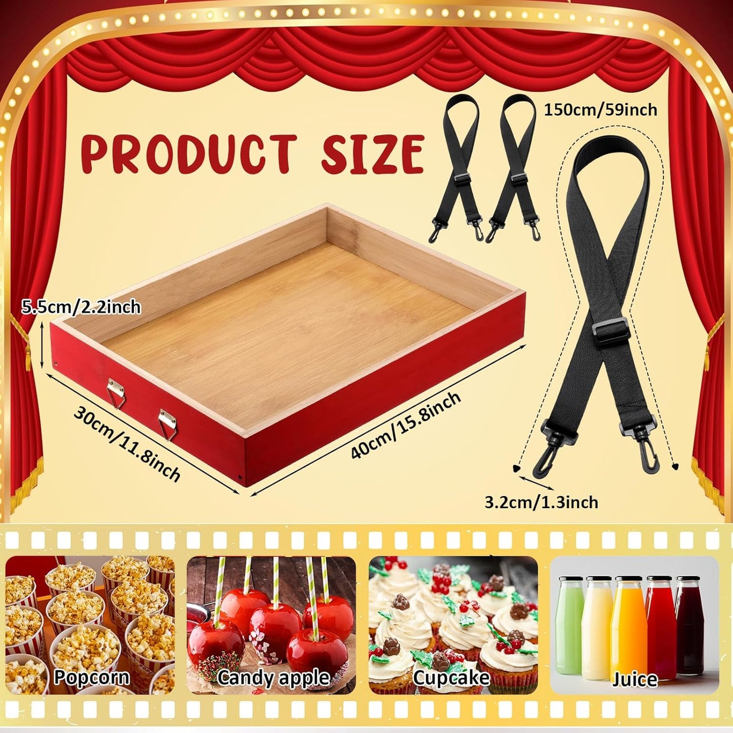 Marsui 2 Pcs Halloween Snack Trays with Straps 15 x 11 x 2 Inch Wooden Movie Night Snack Drink Trays Vendor Usherette Popcorn Drink Beverage Carrier for 20's Theme Carnival Party Costume(Red)