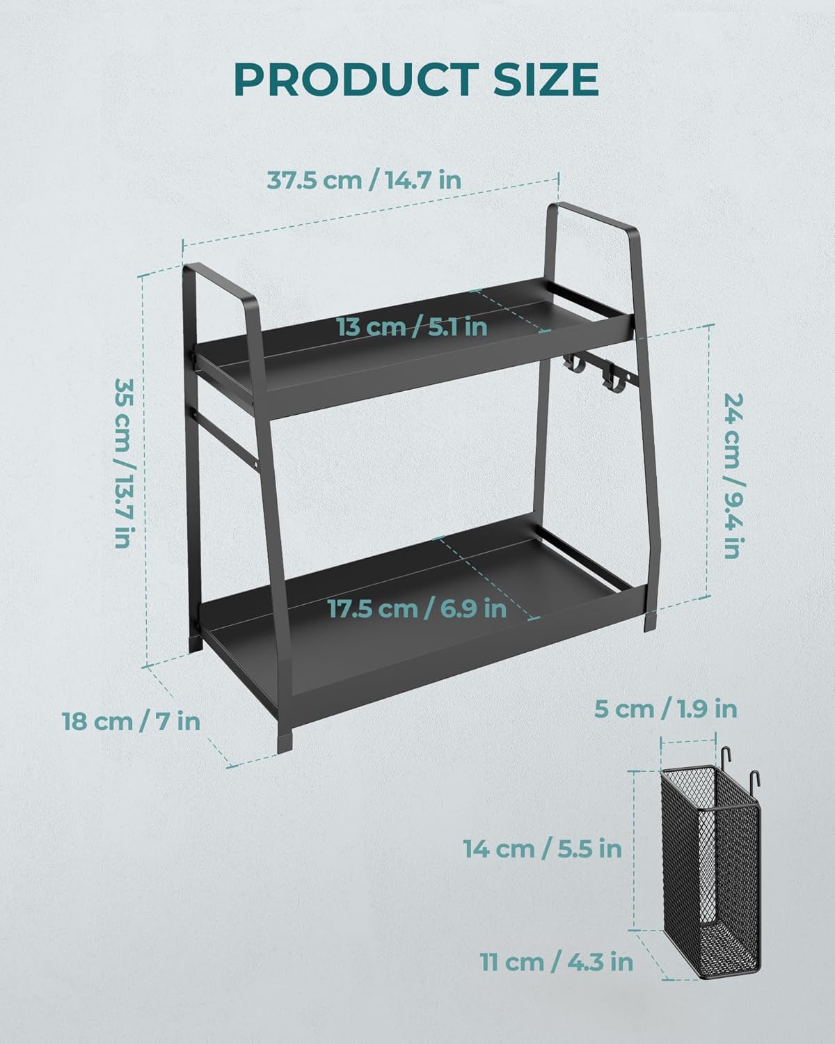 OROPY 2 Tier Spice Rack for Countertop, Metal Standing Kitchen Storage Organizer Shelf, Counter Shelf for Cabinet,Pantry,Bathroom,Bedroom, with Hanging Basket
