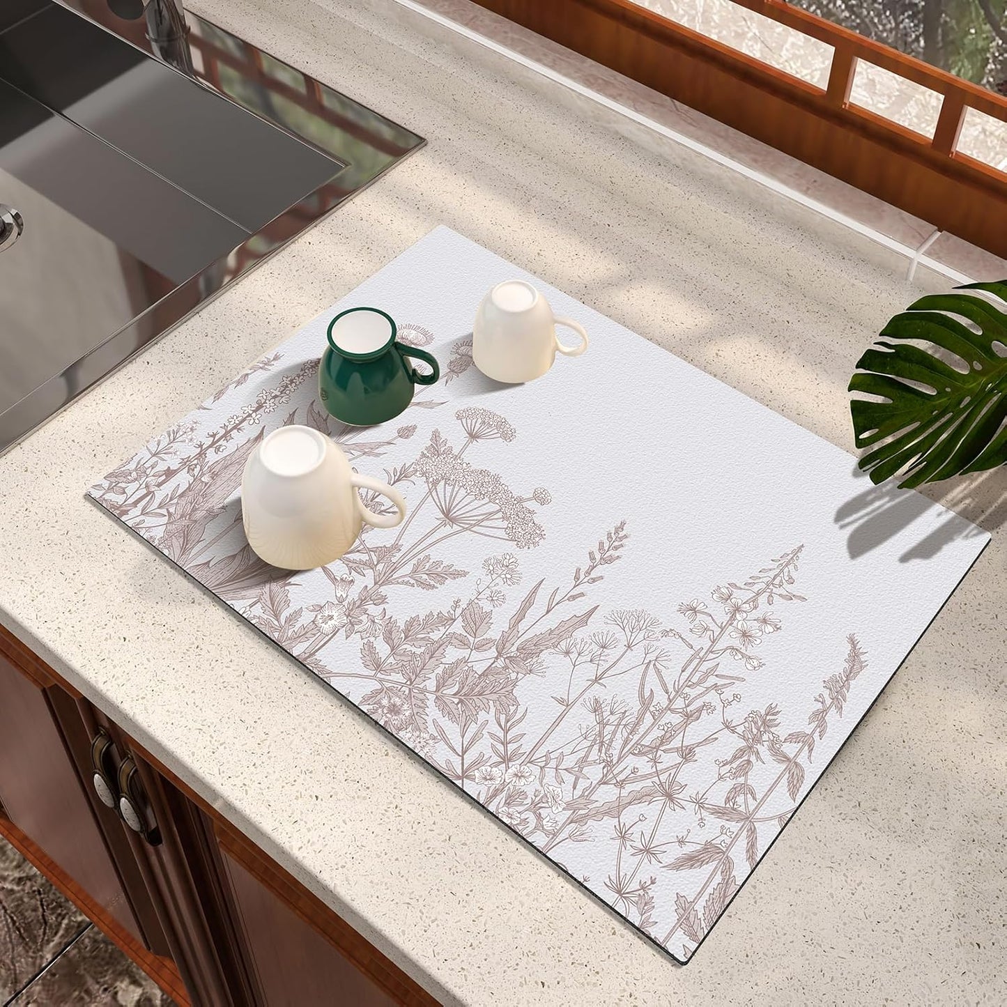 Dish Drying Mat, Absorbent Coffee Mat Rubber Backed, Soft Silicone Dish Drying Mat for Kitchen Counter or Sink for Kitchen Bathroom Coffee Bar (Plants, 12 x 16 Inches)