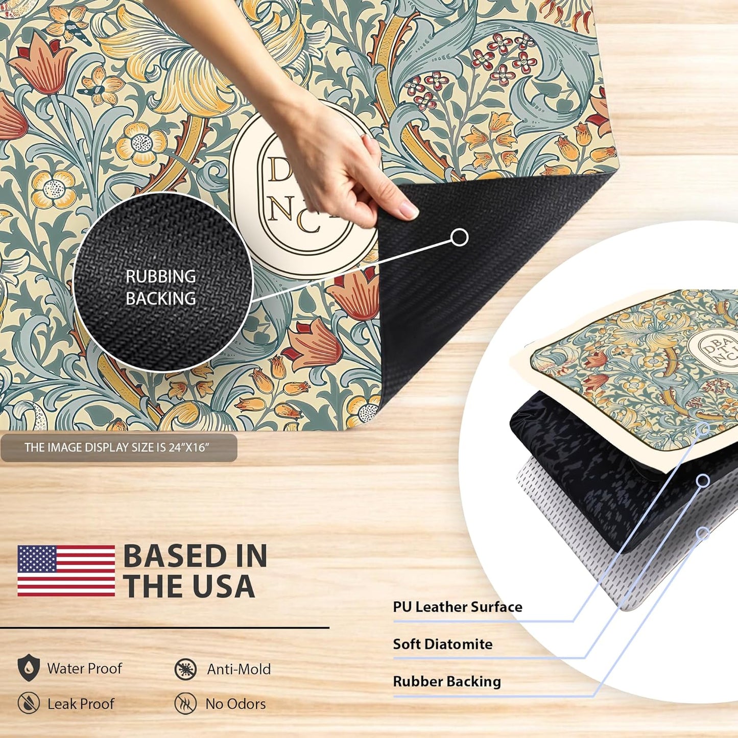 Dish Drying Mat Super Absorbent – 16" x 18" Coffee Mat for Countertops – Non-Slip Drying Mat for Kitchen Counter – Easy to Clean Water Absorbent Mat – Quick Dry Dish Mats (Botanic Garden)