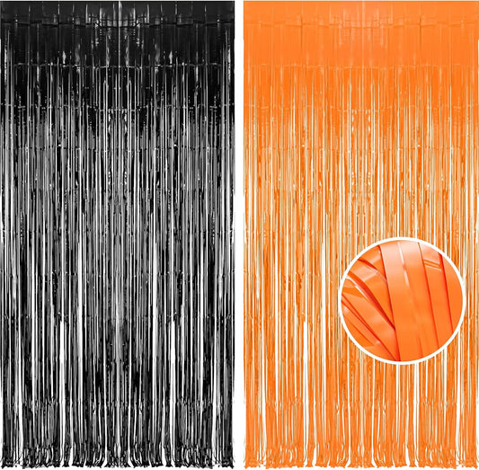 BRAVESHINE 1 Black 1 Orange Tinsel Photo Backdrop Curtains - 3.2x8.2ft Foil Fringe Streamer Curtain for Birthdays, Halloweens, Graduations, Pumpkin, Home, Indoor or Outdoor Party Supplies Decorations