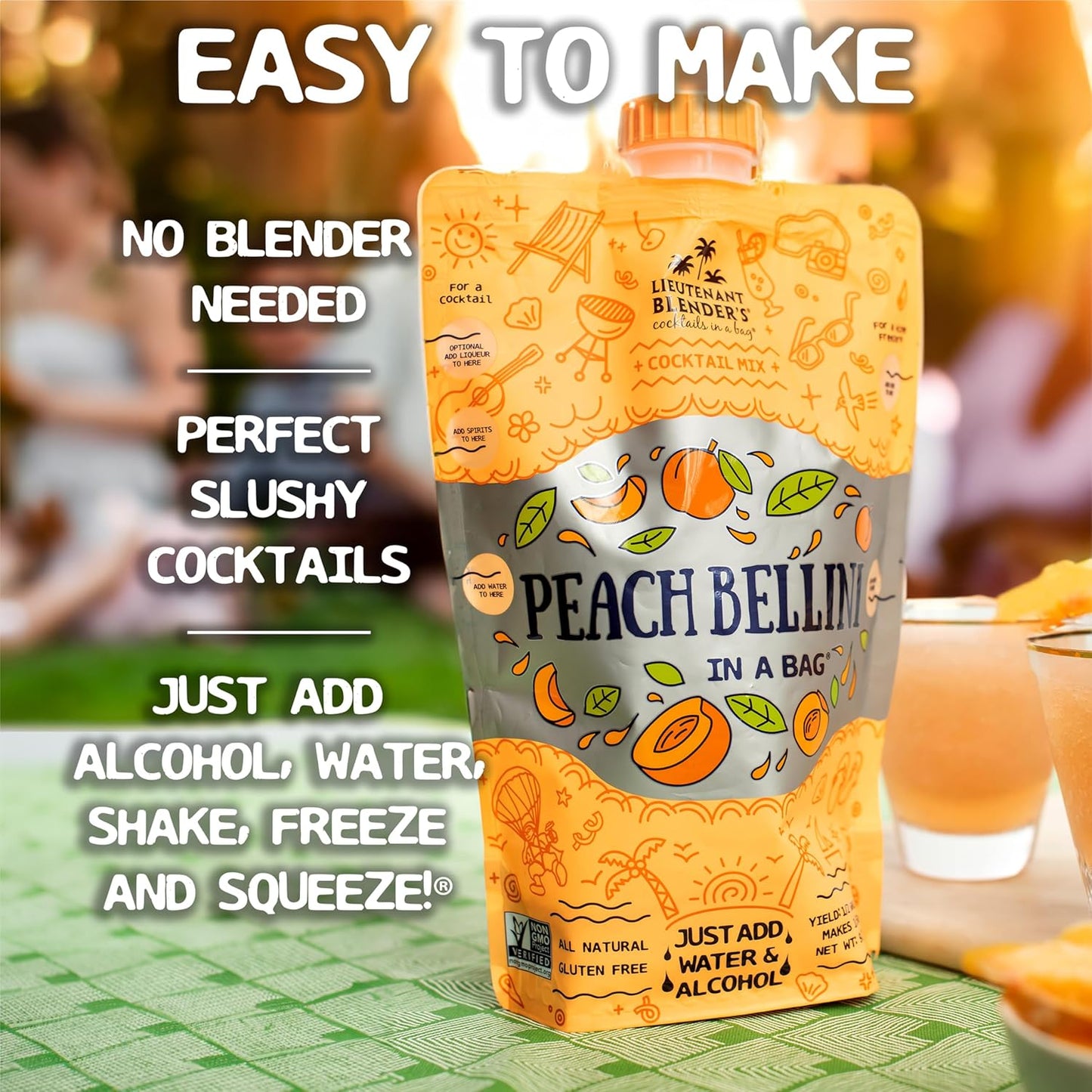 Lt. Blender's Peach Bellini in a Bag - Wine Slushie Mixes - Each Bag Makes 1/2 Gallon of Frozen Peach Bellini Mix – Non-GMO Wine Freezer mix - Make with Wine, Liquor or as a Mocktail - (Pack of 5)