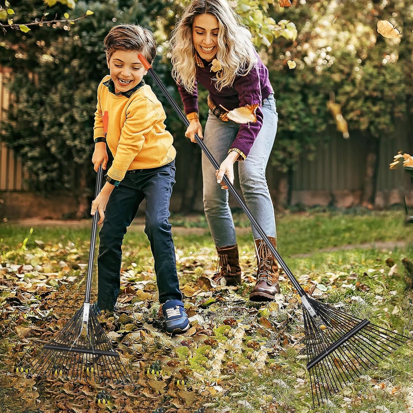 42 HRC Steel Gardening Leaf Rake, 24 Tines 23.2" Wide,Adjustable Split Long Handle 33-67",Suitable for Raking Leaves and Lawn Tidying,Garden rake and thatch rake Suitable for Adults（2 Pack