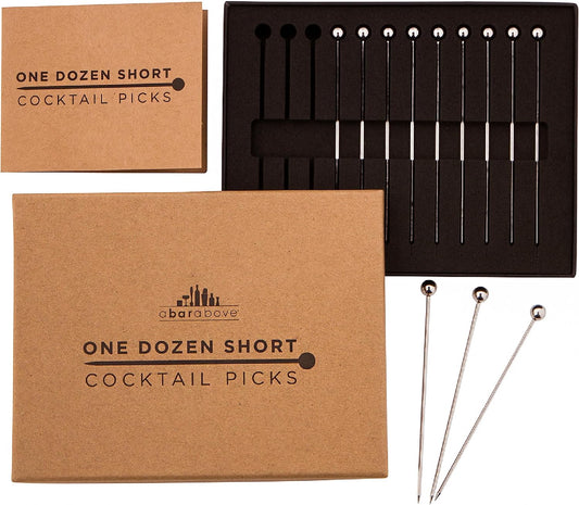 A Bar Above 12-Piece Stainless Steel Cocktail Picks, Short Reusable Garnish Sticks for Drinks, Appetizers, Old Fashioneds, Martinis, Bloody Marys, Shrimp Cocktail, and Entertaining at Home