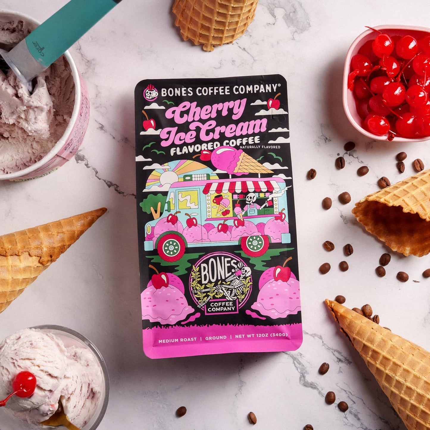 Bones Coffee Company Cherry Ice Cream Flavored Coffee, Medium Roast Low Acid Arabica Beans Compatible with Auto drip and French Press Coffee Maker, 12 Oz Ground