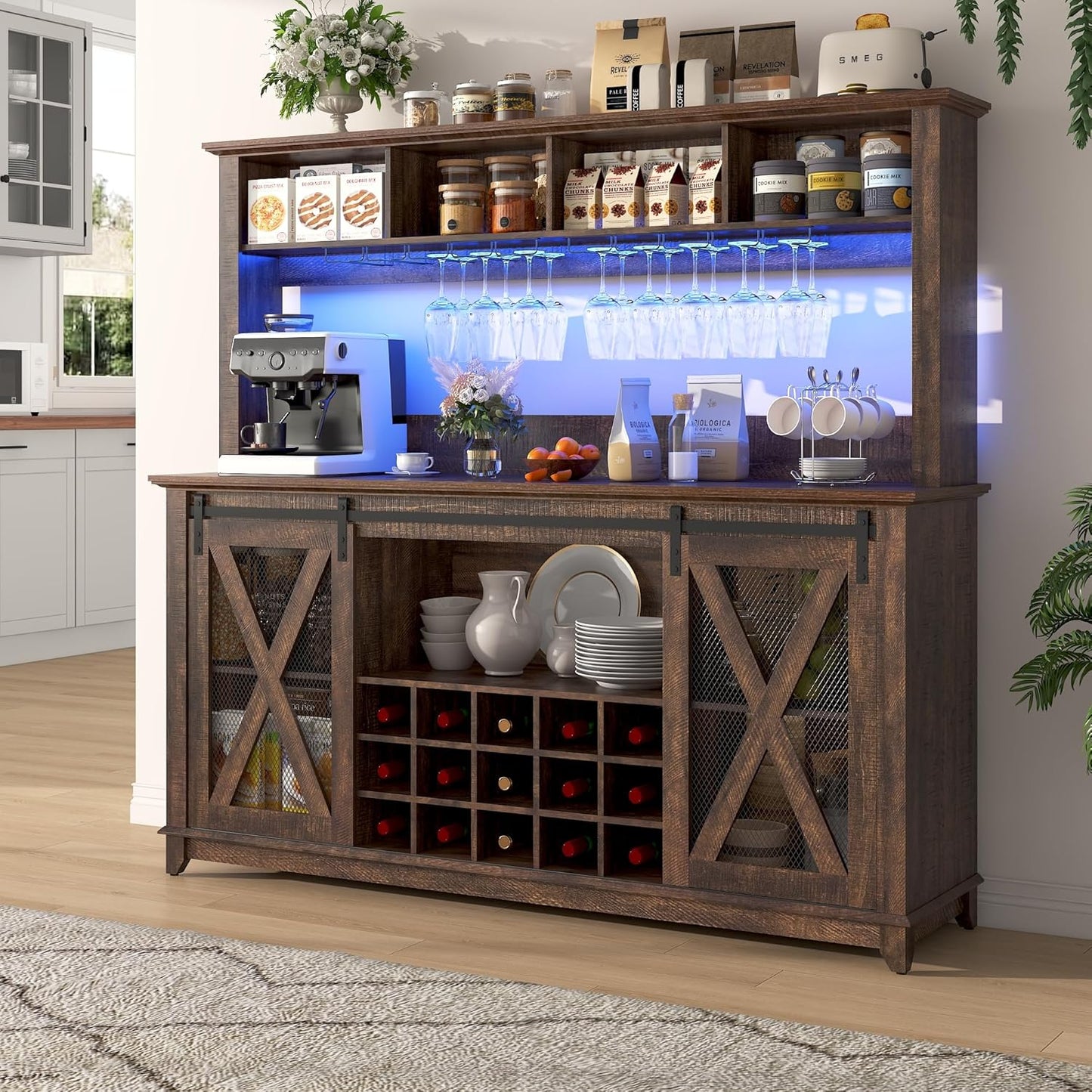 63"Wide 58"H Farmhouse Coffee Bar Cabinet with LED Light,Wine Bar Cabinet w/ 4 Storage Hutch,Kitchen Buffet Cabinet w/Sliding Barn Door & 15 Wine and Glass Racks for Kitchen Dining Room(Brown)