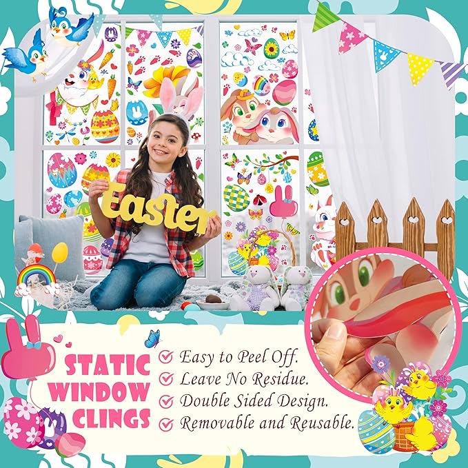 Large Easter Window Clings - Bunny Window Stickers Decals for Glass Windows, Cute Easter Egg Double Sided Reusable Window Holiday Decorations, Bird Office Spring Patry Decor, 9Sheet/121PCS