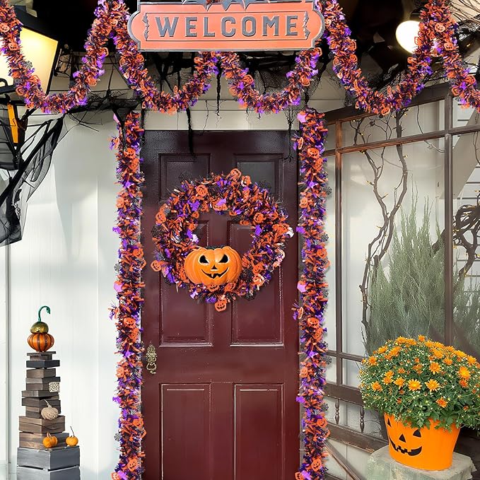 Halloween Tinsel Garland Decorations, 36.75 Ft Shiny Metallic Halloween Hanging Decorations with Pumpkin Bat Spider Web, Purple and Orange Tinsel Garland for Outdoor Indoor Home Tree Party Decor