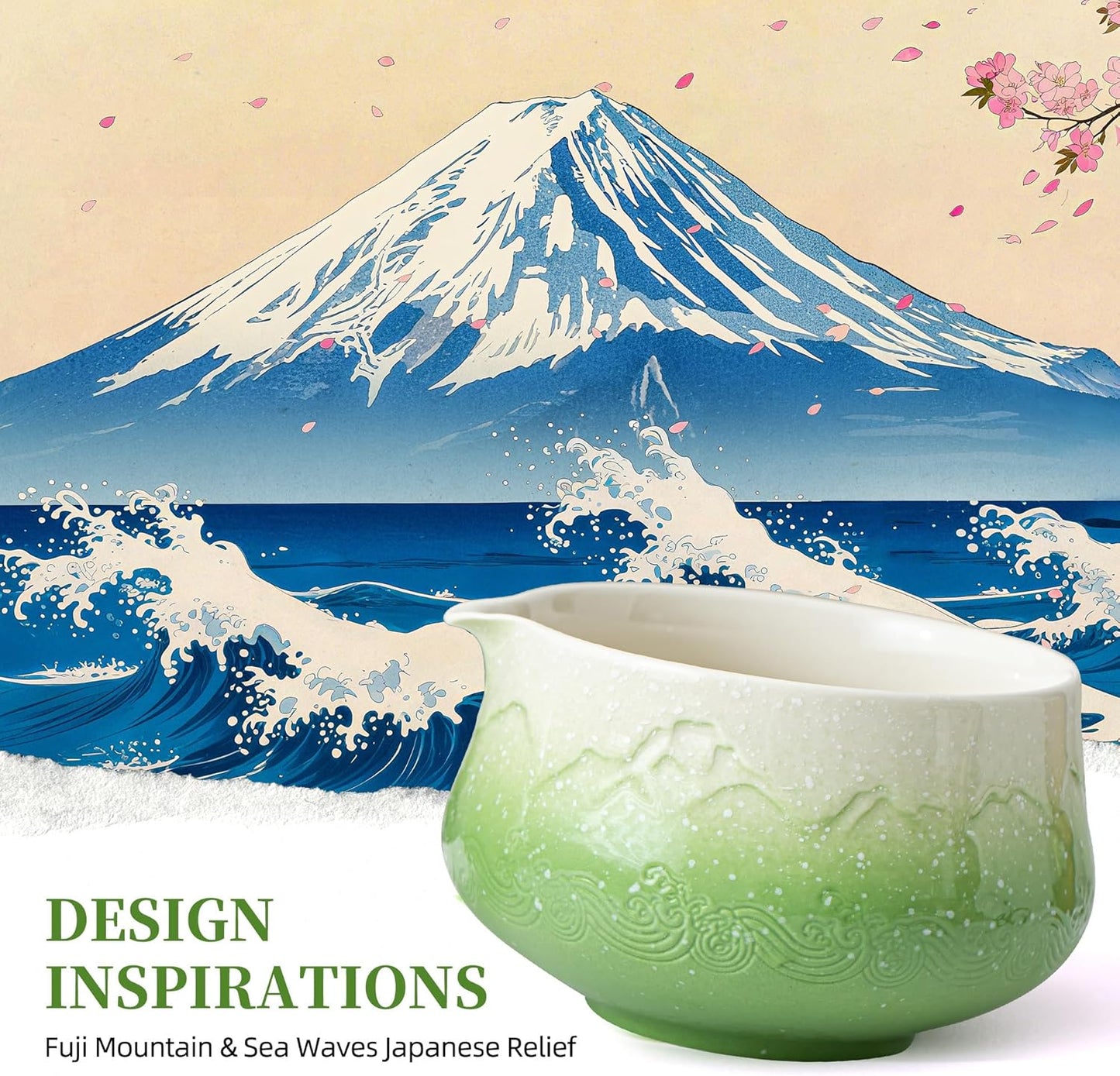 TEANAGOO 7 Pcs Matcha Whisk Set,Green Matcha Set, Ceremony Matcha Powder Kit,Matcha Tea Set for Making Latte,Matcha Whisk Set and Bowl with Scoop&Sifter,Fuji Design Ceramic Bowl,Gift for Matcha Lovers