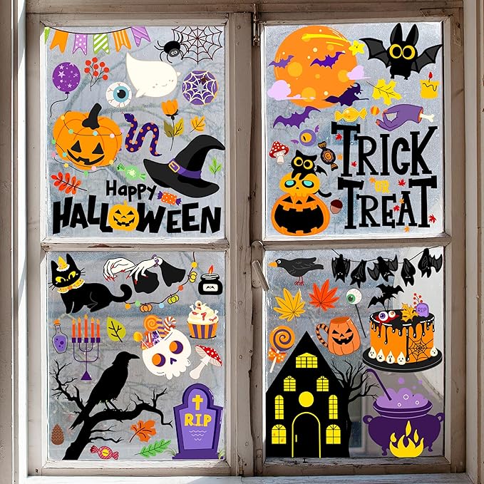 Halloween Window Clings - Halloween Decorations Static Window Stickers for Glass, Removable Large Double-Sided Window Decals for Indoor Home Decor, Bat Fall Cute Party Gift, 65 PCS/9 Sheet