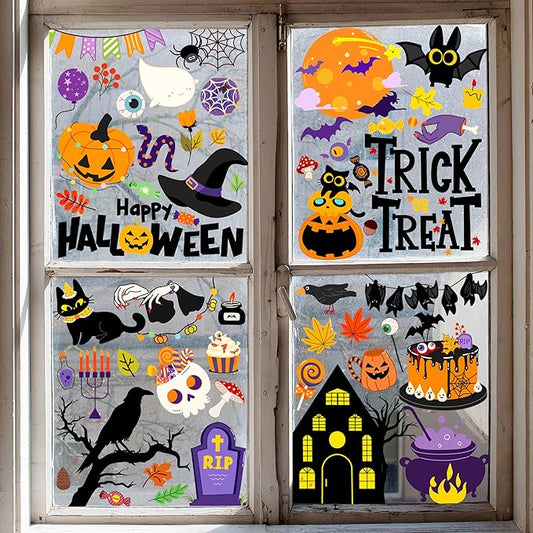 Halloween Window Clings - Halloween Decorations Static Window Stickers for Glass, Removable Large Double-Sided Window Decals for Indoor Home Decor, Bat Fall Cute Party Gift, 65 PCS/9 Sheet