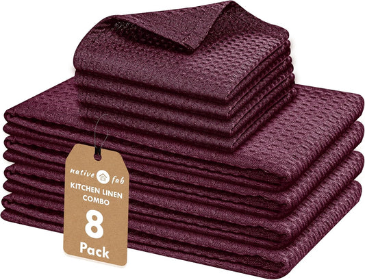 Native Fab Kitchen Towels & Dish Cloth Set, 100% Cotton, 8 Piece, Absorbent, Durable, Washable, Quick Drying Towel for Cleaning, Cooking, Baking - Ideal for Home, Bars & Everyday Use - Burgundy Wine