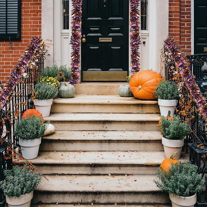 SAOROPEB 4 Pieces 26.4 Ft Halloween Tinsel Garland Metallic Shiny Twist Garland Hanging Decorations for Halloween Party Indoor and Outdoor Decor - Black Orange and Purple