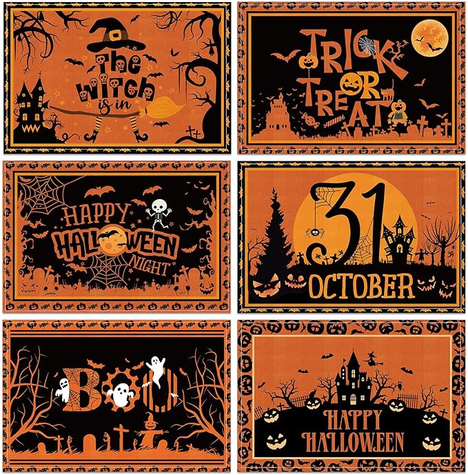 Umigy 6 Pcs Halloween Placemats 12"x18" Gothic Bat Placemats Kitchen Decoration Washable Witch Place Mats Rectangle Skull Table Mats for Halloween Dining Table Accessories(Black Orange Style)