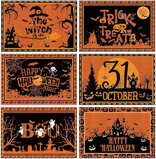 Umigy 6 Pcs Halloween Placemats 12"x18" Gothic Bat Placemats Kitchen Decoration Washable Witch Place Mats Rectangle Skull Table Mats for Halloween Dining Table Accessories(Black Orange Style)