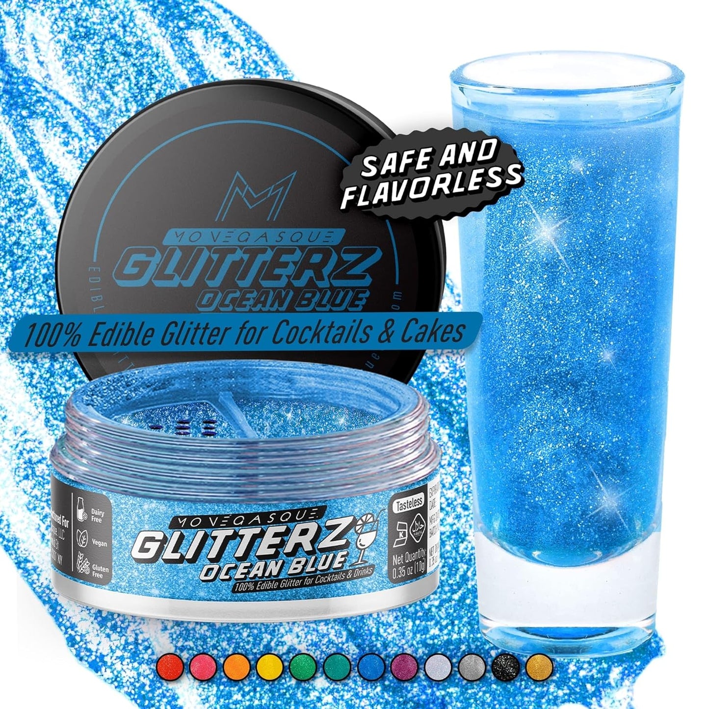 MONÉGASQUE Ocean Blue Edible Glitter for Drinks 10g – Blue Edible Glitter for Cakes & Beverage - Champagne & Halloween Cocktail Drink Shimmer Flakes - Food Decorating & Cake Decorations Spray