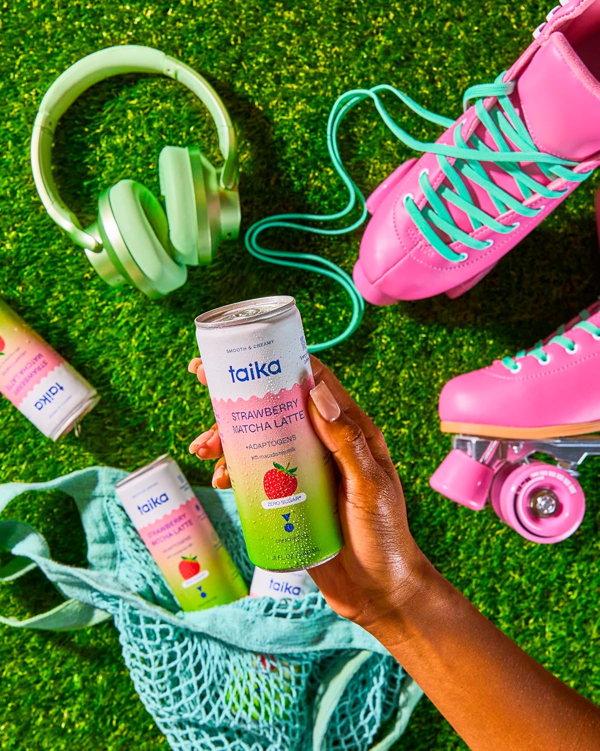 Taika Strawberry Matcha Latte - Ready to Drink Hot & Cold Brew Strawberry Matcha Latte in Cans - Organic Ceremonial Grade Matcha w/Ashwagandha, Lions Mane, & L-Theanine - 8 Fl Oz (Pack of 12) (8 Fl Oz (Pack of 12), Strawberry Matcha Latte)