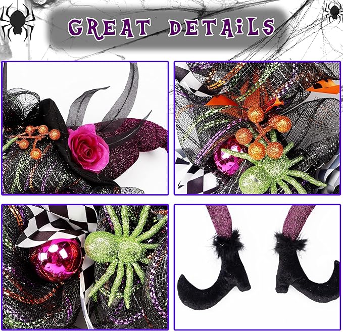 Lulu Home Halloween Front Door Wreath, Purple LED Lighted Witch Hat Wreath, Battery Operated, NOT PRELIT