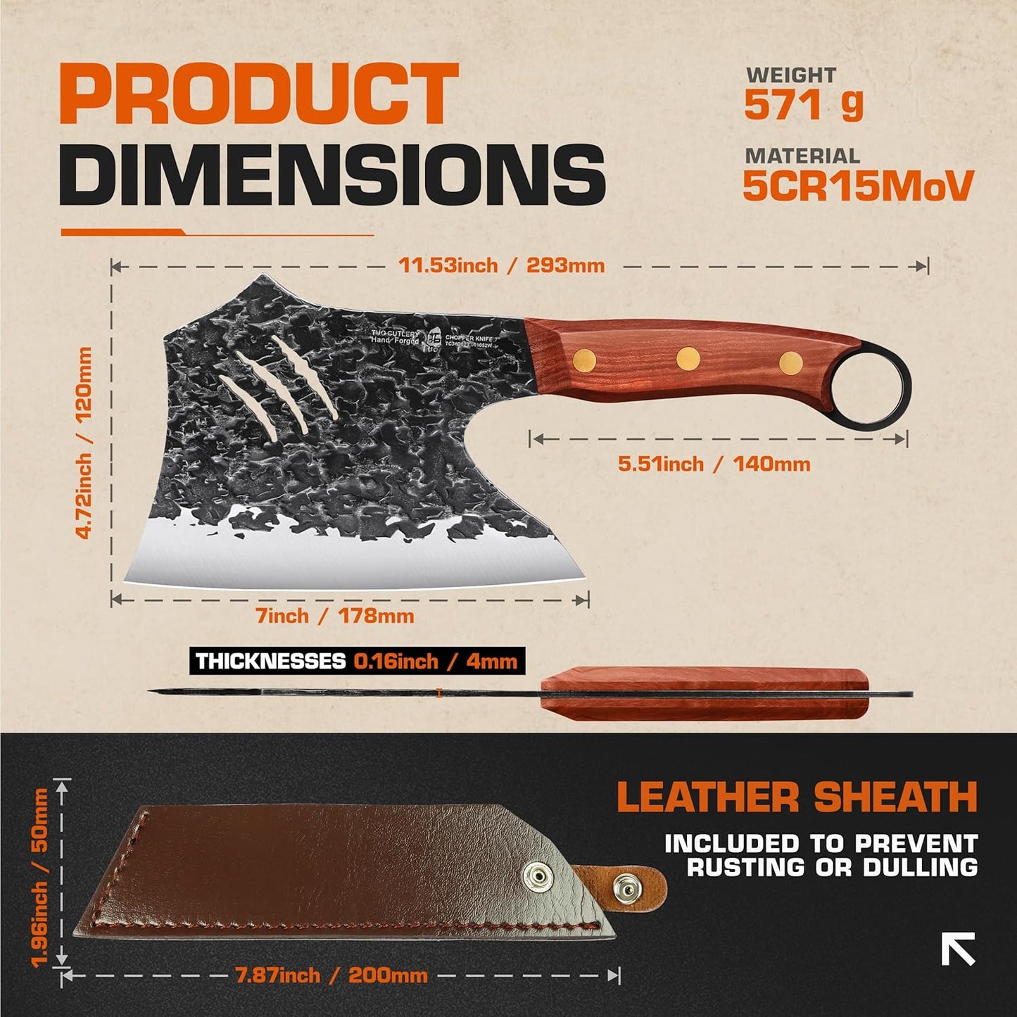 TUO Wild Forged Meat & Bone Cleaver Knife, 7 inch Heavy Duty Butcher Knife with Sheath, Bone Cutter for Meat Cutting, Kitchen Outdoor Cooking, Gift - Red Sandalwood Handle