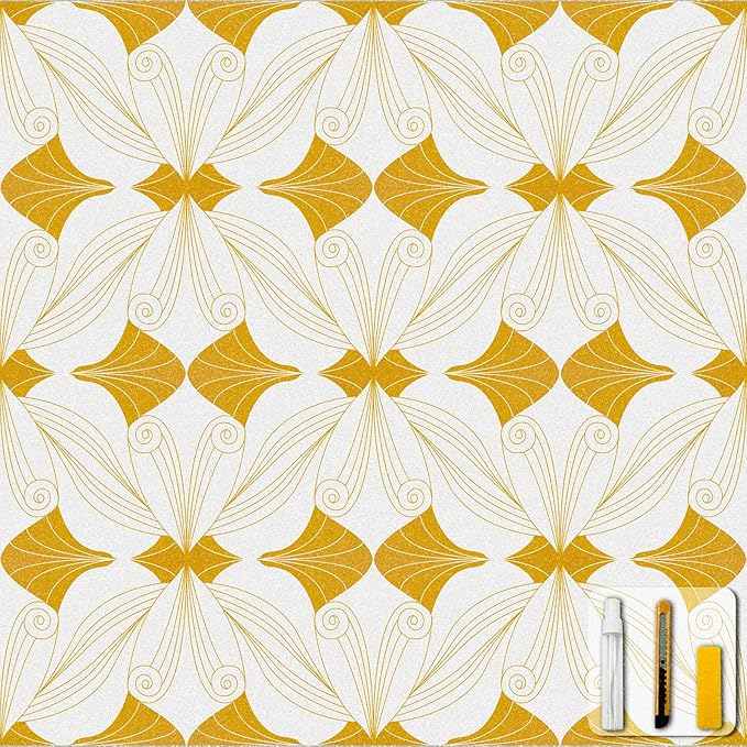 Window Privacy Film Stained Glass Decorative Static Clings Frosted Window Tint for Home Room Decor Bathroom Door Car Stickers with Glittering Effect, Removable(Golden Geometry)