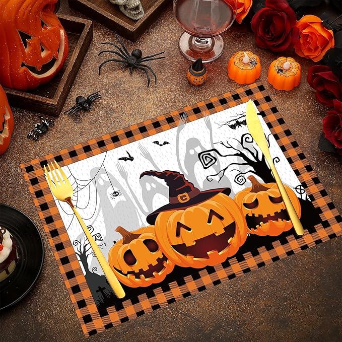Honoson 100 Pieces Halloween Placemats Happy Halloween Fall Pumpkin Placemats Paper Halloween Place Mats Spooky Ghost Buffalo Plaid Kitchen Mat Double Sided Dinner Table Mats, 14 x 10 Inch