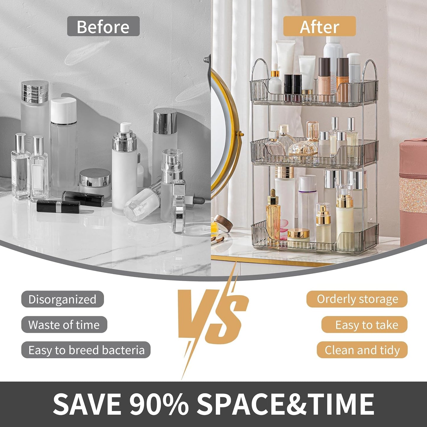 YCIA&DONE Bathroom Organizer Countertop, Makeup Storage, Skincare Cosmetic Tray Shelf, Perfume Holder Rack for Vanity Counter, Large Capacity, Easy to Install, Clean, 3 Tiers, Smoky Gray