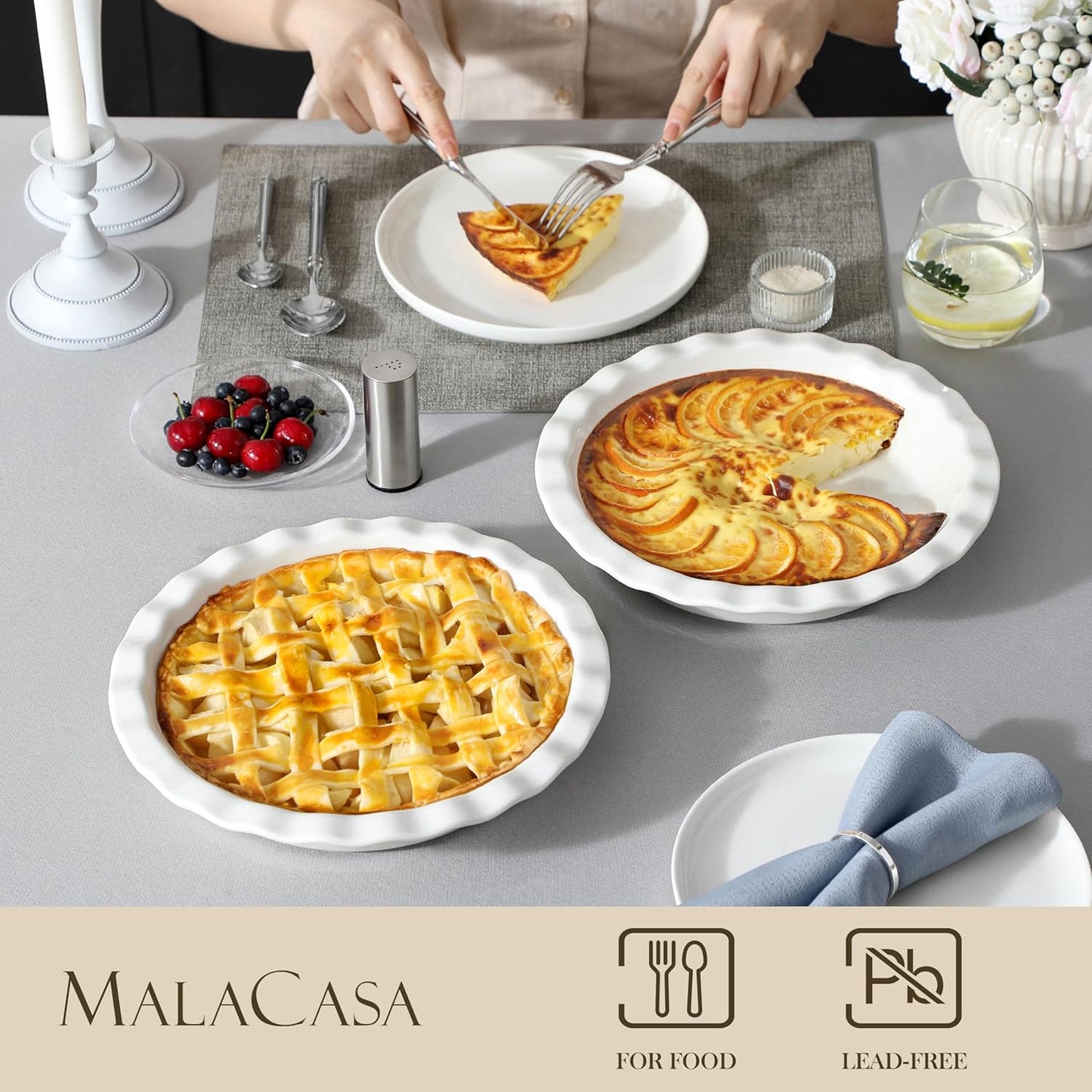 MALACASA Ceramic Pie Pan Set of 2, 9 inch, 40 oz Round Pie Dishes with Fluted Edges, Non Stick, For Quiche, Apple Pies, Pot Pies & More