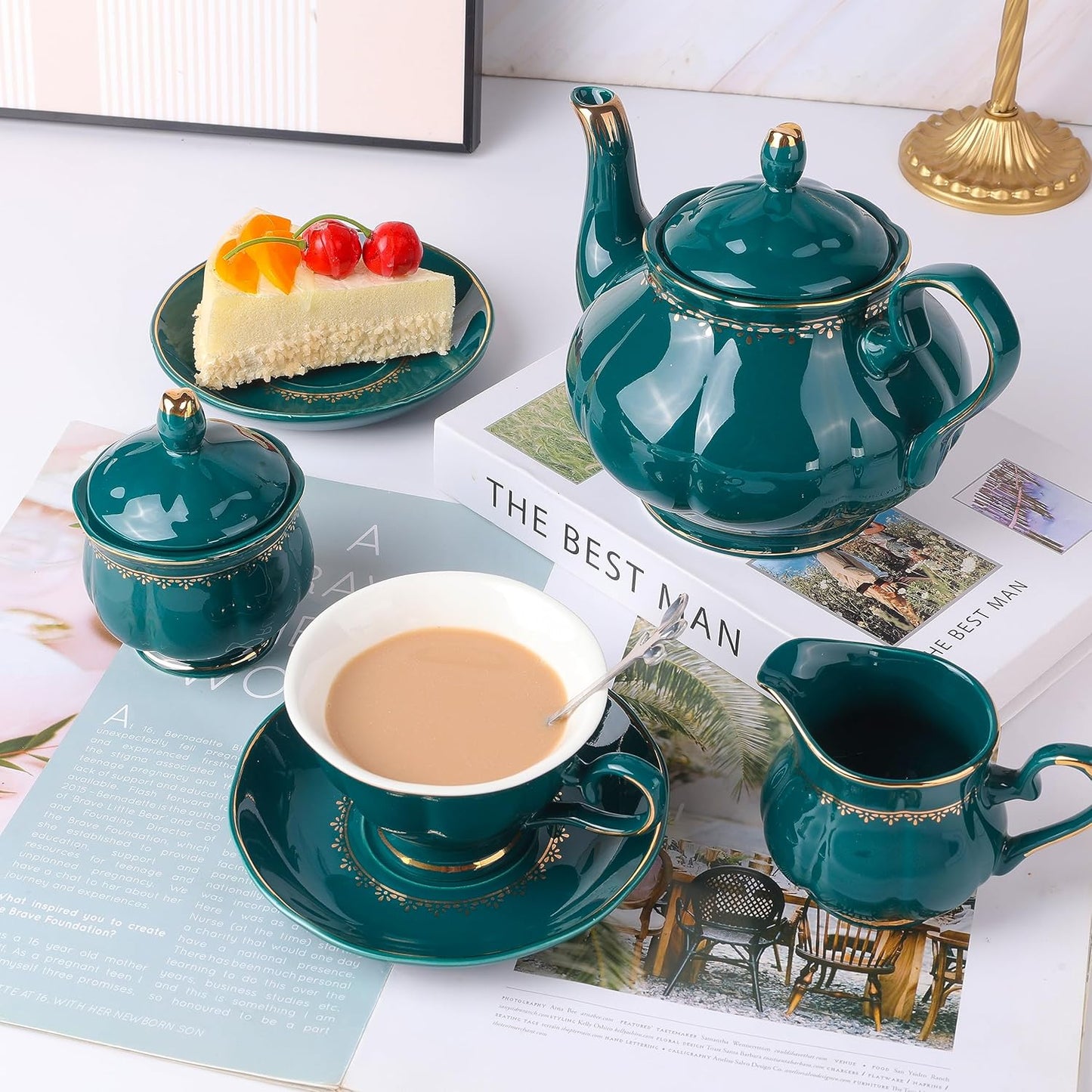 CHENP.HMC Tea Set 22-Piece Porcelain Ceramic Coffee Tea Sets Cups Saucer Service for 6 Teapot Sugar Bowl Creamer Pitcher and Teaspoons Porcelain Tea Set(Dark Green)