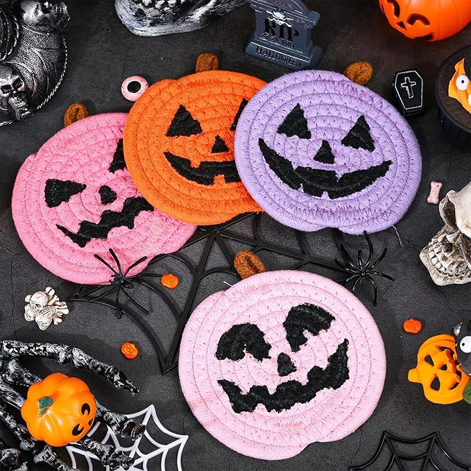 Whaline Halloween Pumpkin Cotton Coasters Colored Pumpkin Face Handmade Braided Drink Coasters Pink Purple Orange Absorbent Cup Mats for Trick or Treat Party Home Table Decor, Set of 4