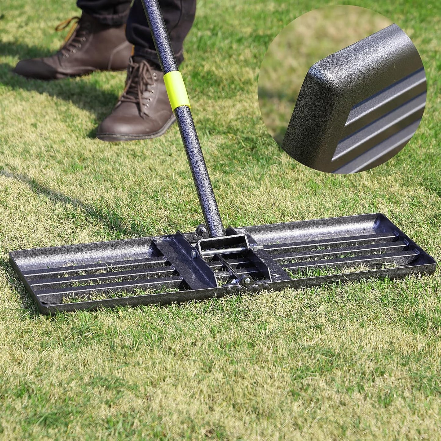 Lawn Leveling Rake, Heavy Duty Levelawn Tool for Garden Level Soil or Dirt Ground Surfaces Easily, 26” x 10” Ground Plate, Steel Handle Length is 65 inch